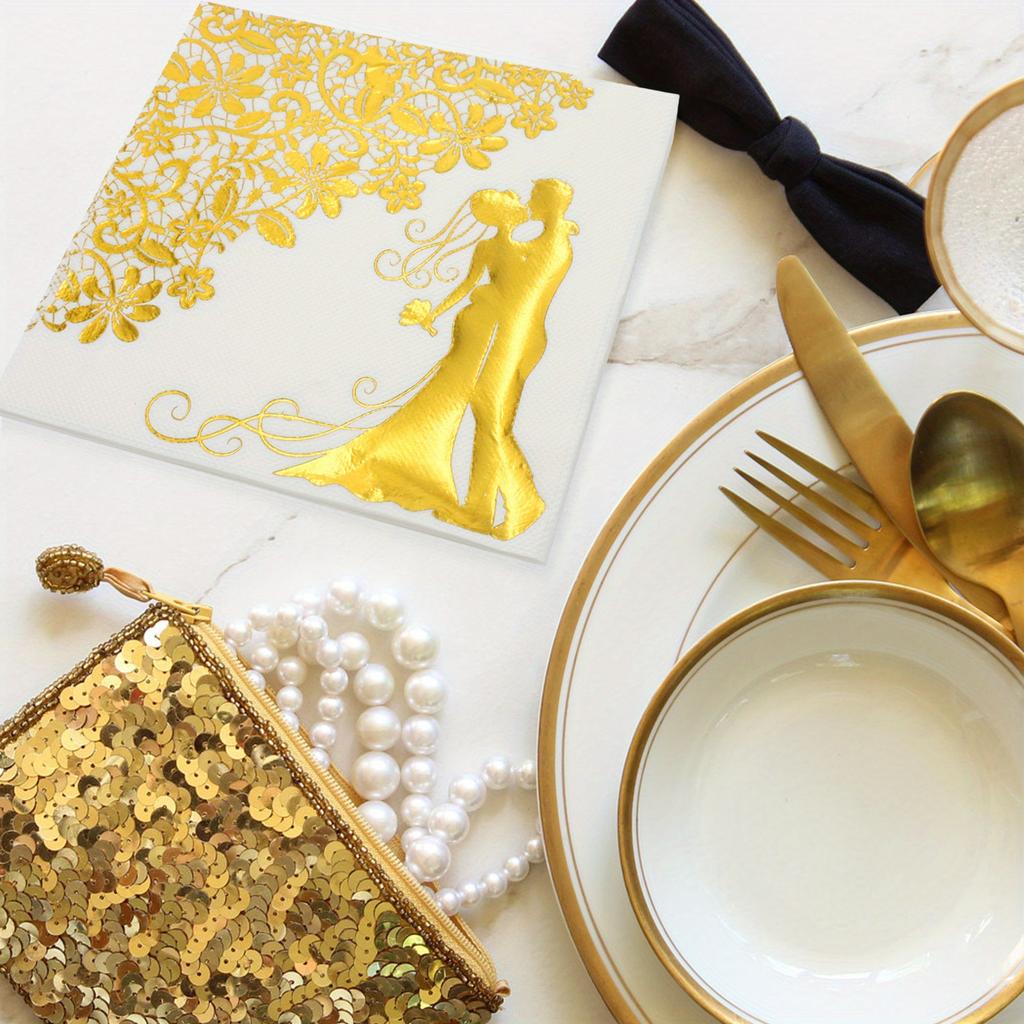 20/40 шт. Свадебные бумажные салфетки Искрящиеся золотые Салфетки для стола Жених Невеста 33x33 см Двухслойные Для дома Отеля Свадебной вечеринки Декор стола