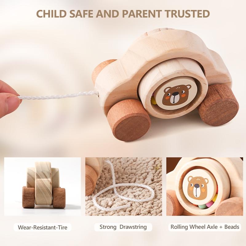 Деревянная игрушка-тележка для малышей, игра Монтессори для развития мелкой моторики пальцев, тележка из сосны с мультяшным мишкой, не содержит БФА, украшение детской комнаты, подарок для ребенка
