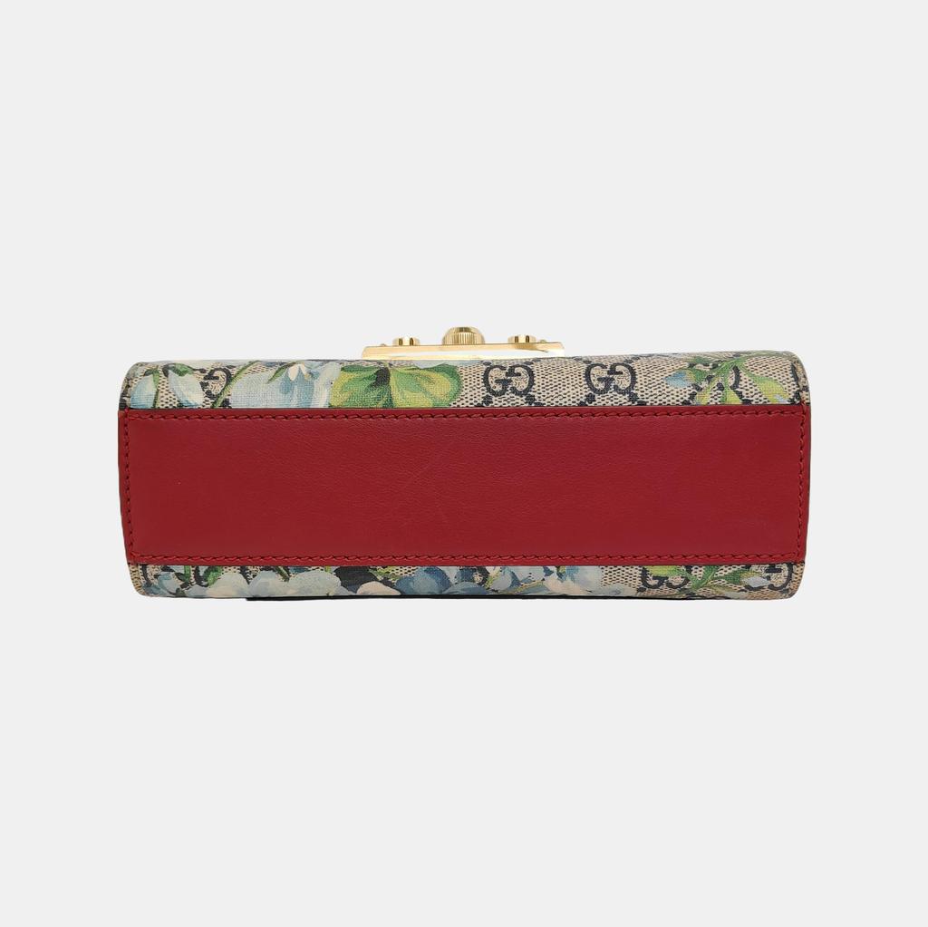 [Pre-Owned] Padlock Metal Lock Buckle Bag GG Blooms Logo Geranium Print Canvas And Leather Box Bag Chain Shoulder Crossbody Bag Small - Good #A84LQO