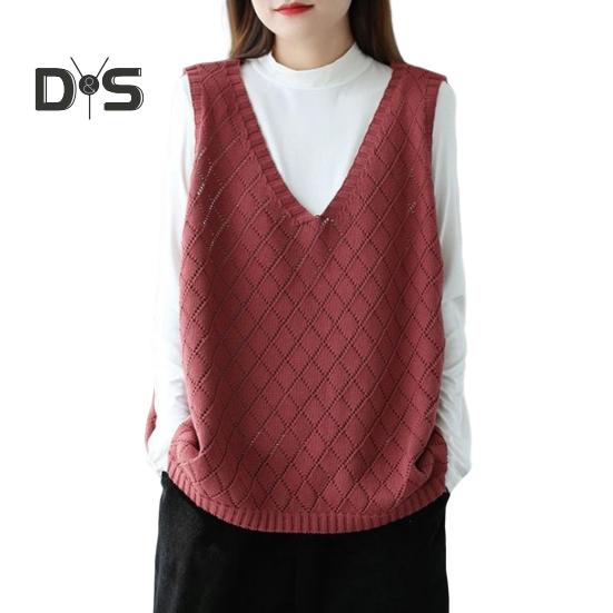 Весна Осень Женский Жилет Вязаный Свитер Ретро V-образный Вырез Свободный Без Рукавов Однотонный Пуловер Ажурный Ромбовидный Текстурный Топ Повседневная Одежда