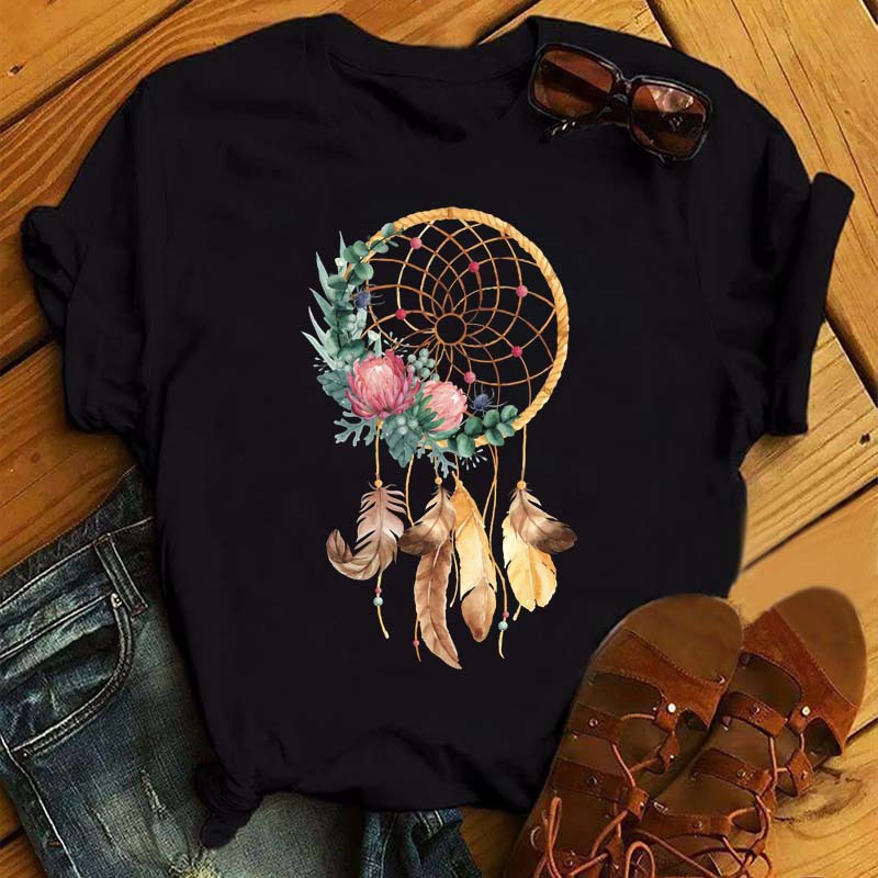 Maycaur Women Summer Short Sleeve Dreamcatcher Feather 3D Print Lady T-shirts Top T Shirt Tee T-Shirt