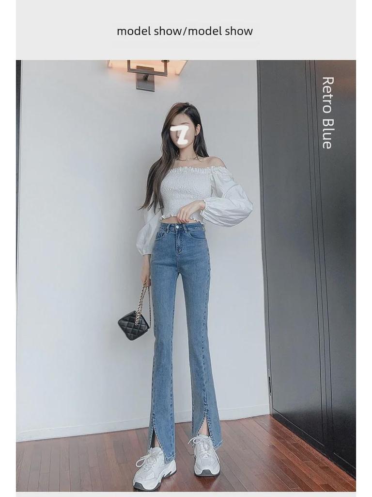 Летние женские расклешенные джинсы в стиле ретро с разрезами по низу — облегающие и легкие