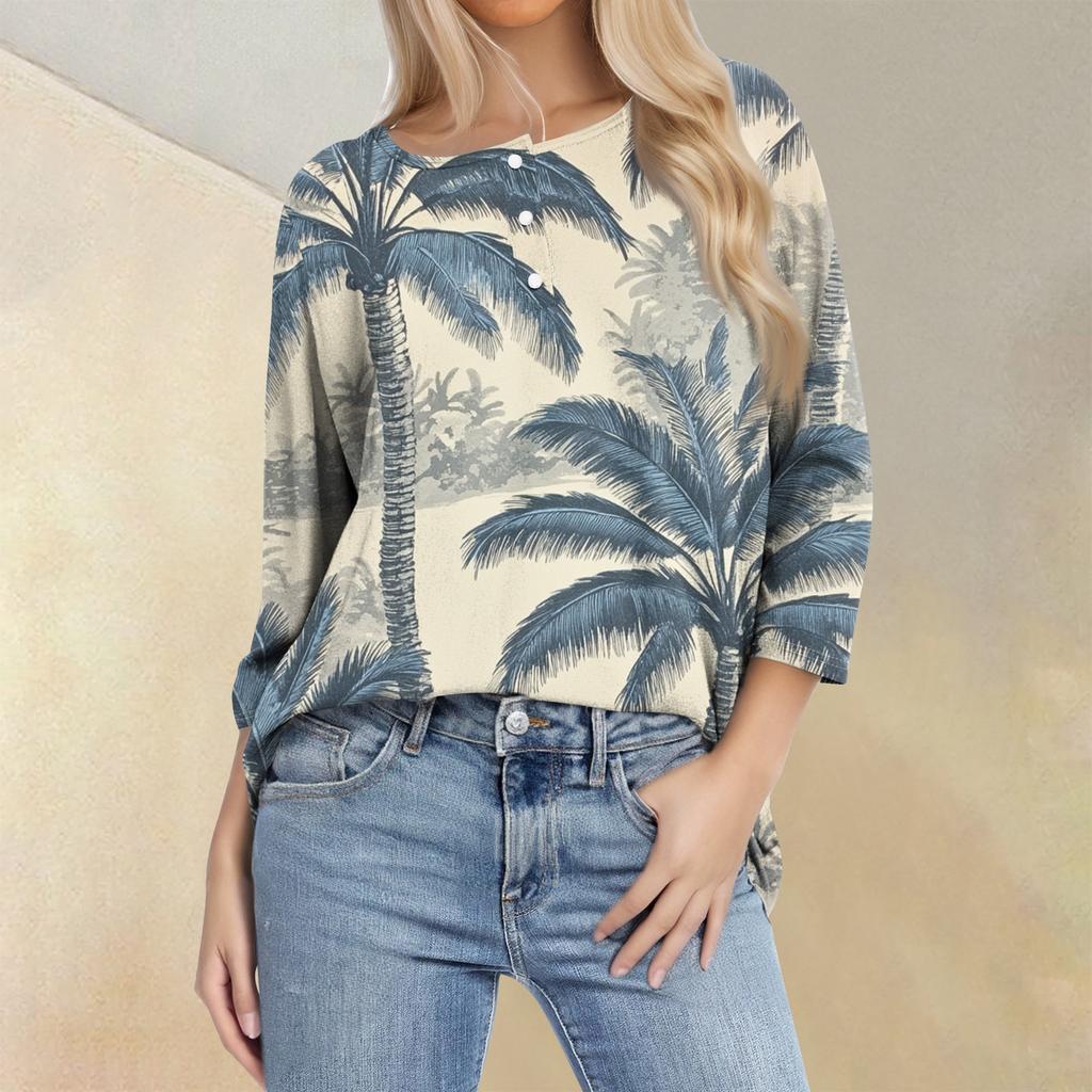 Women's T Shirt Tee Print Button 3/4 SleeveDaily Weekend Fashion Basic V- Neck Regular Top