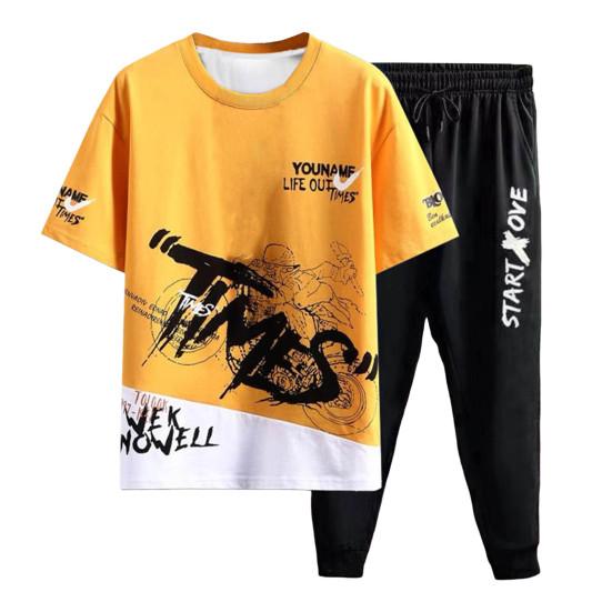 2Pcs/Set Men Letter Print O-neck Short Sleeve T-shirt Elastic Waist Drawstring Sweatpants Set Sport