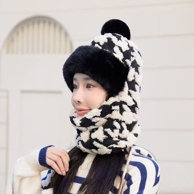 Qiandongge Plush Hat Cycling Autumn and Winter New Windproof and Cold Thickened Warm Integrated Bag Head Ear Protection Super Cute Hat