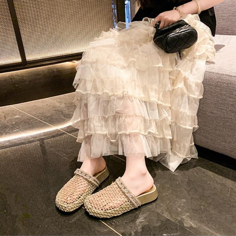 Модные летние женские шлепанцы, плоские, дышащие, с круглым носком, со стразами, женские мюли, сетчатые, модные, для улицы, пляжная обувь, Zapatillas De Mujer