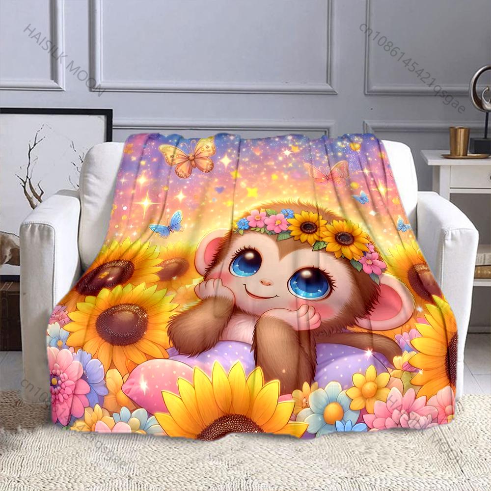 Little Monkey Butterfly Sunflower Fantasy Blanket Warm Soft for Sofa Bed Home Travel Camping Blanket All Seasons Luxury Gifts