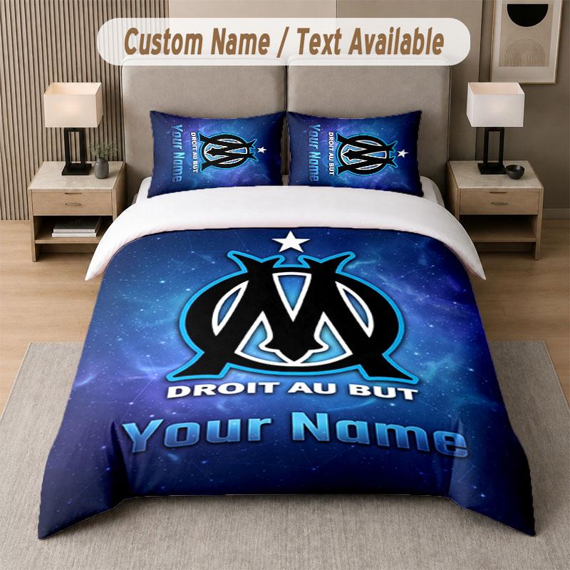 Custom Bedding Set Olympique Marseille FC Pattern, Print Name Text 1 Duvet Cover plus 2 Pillowcases Home Textile