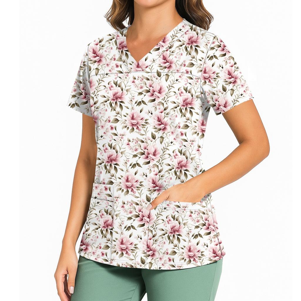 Женский повседневный топ с принтом, V-образным вырезом, карманом, боковым разрезом и короткими рукавами