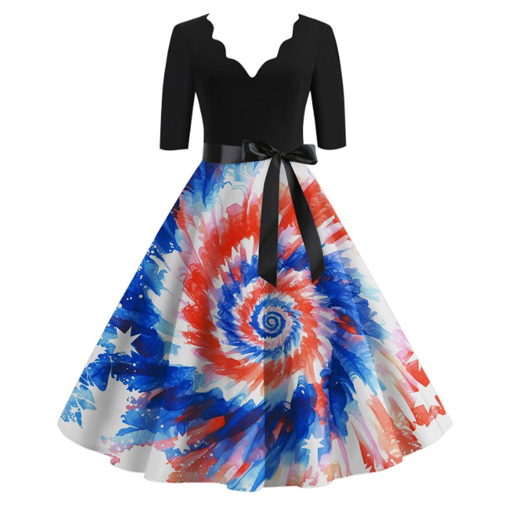 Женское повседневное и модное платье Independent Day с принтом, V-образным вырезом и поясом на талии с семью точками