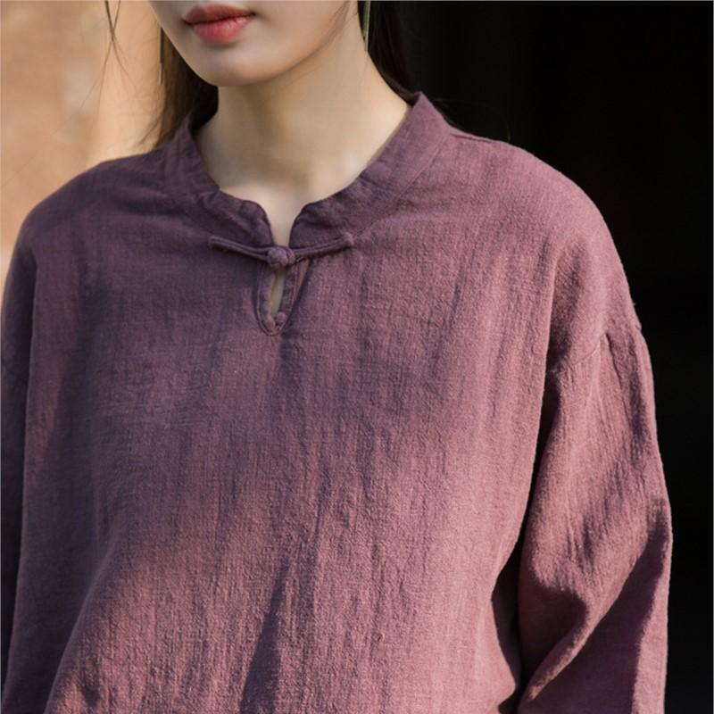 Johnature Женские винтажные рубашки, топы с длинным рукавом, китайский стиль, осенние блузки, однотонные рубашки-стойки