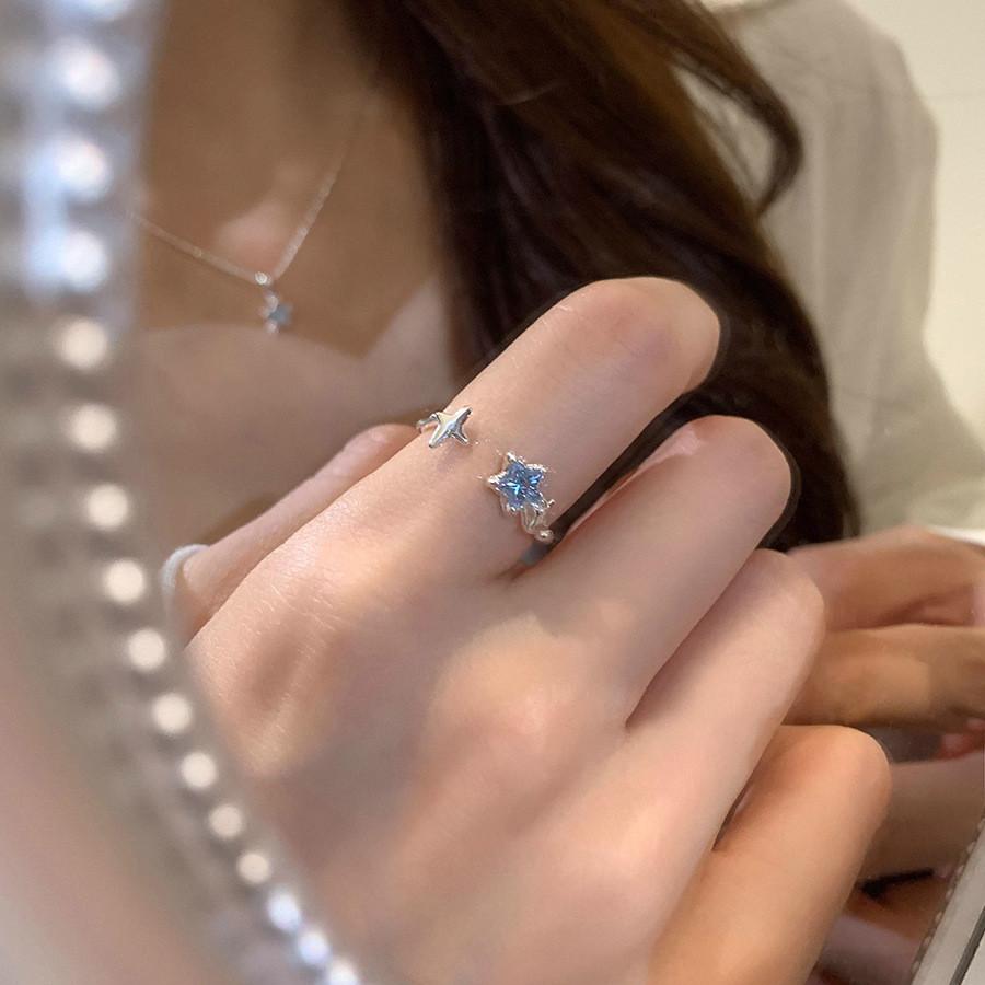 Stylish Blue Star Shaped Open Ring For Women Elegant Copper Adjustable Fashion Jewelry