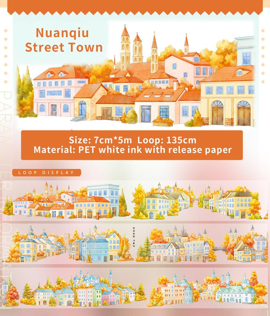 JIANWU 70mm*5m Vintage Autumn Street Town House Landscape Material Collage Scrapbook PET Tape Creative DIY Journal Stationery