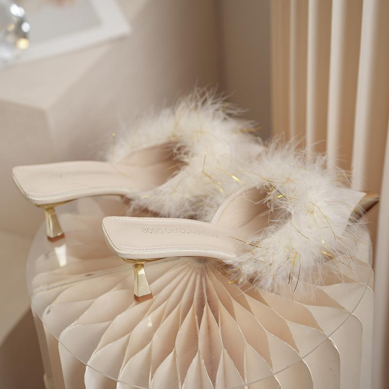 Женские теплые плюшевые туфли-мюли с острым носком и высоким каблуком, зимние, тапочки, корейский дизайн, тонкий каблук, новые шлепанцы, туфли-лодочки, zapatos mujer