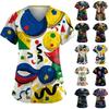 Women's Fashion V-Neck Short-Sleeved Workwear With Pockets Carnival Print Top Caregiver Uniform
