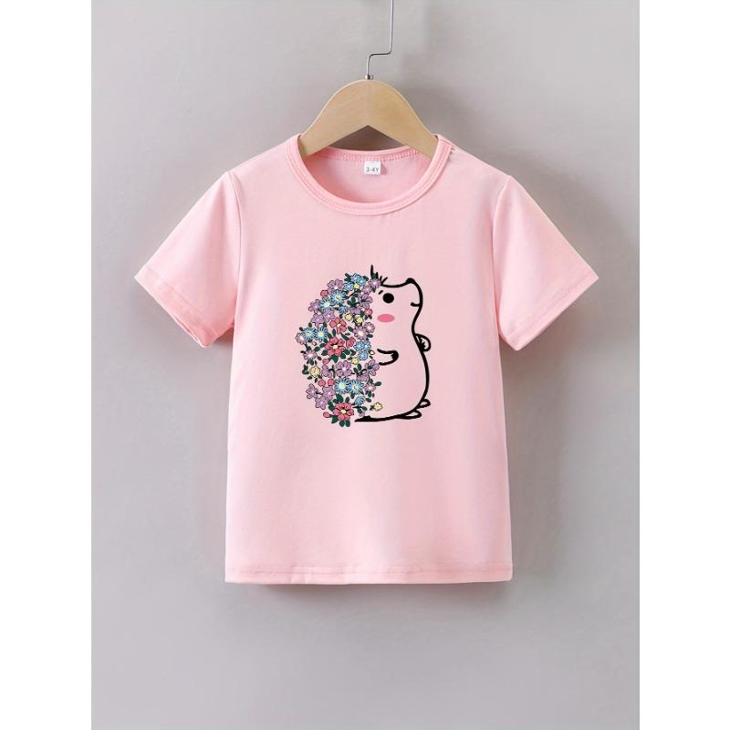 Летняя розовая одежда для маленькой девочки, детские повседневные футболки с мультяшным принтом цветов и ежика, детские топы с коротким рукавом и круглым вырезом