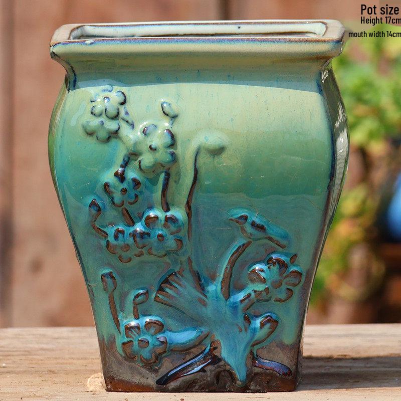 Yixing Handmade Square Mouth Coarse Pottery Planter - Large Succulent Flower Pot with Old Branch Design and Jade Pendant.