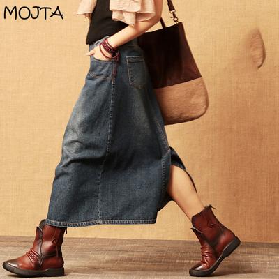 Весенне-осенняя женская модная эластичная повседневная джинсовая юбка с высокой талией больших размеров, юбка средней длины с разрезом на бедре