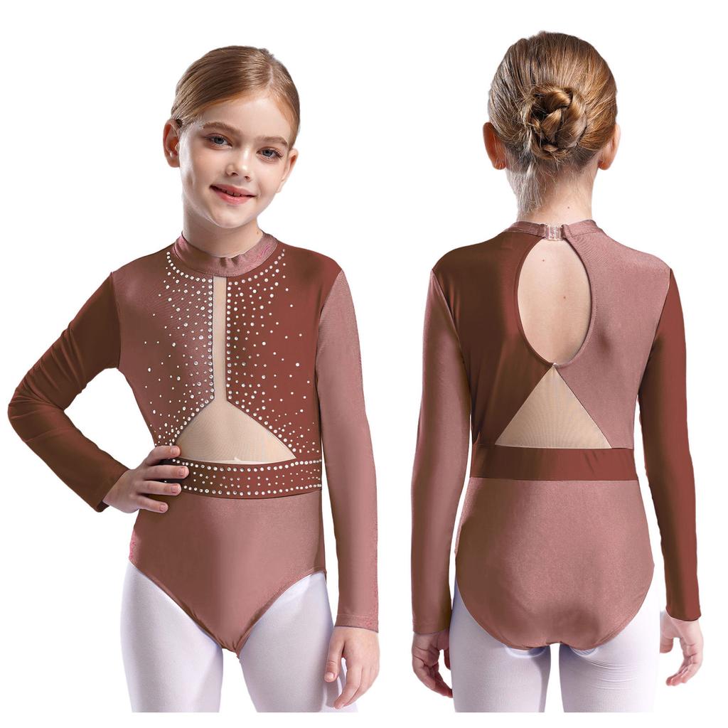 Гимнастический купальник для девочек, фигурное катание, балетные купальники, длинный рукав, стразы, сетчатый комбинезон, танцевальная одежда, боди для джазовых танцев, костюм для латинских танцев