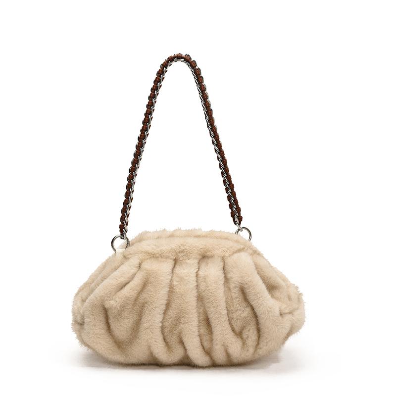Pleated Design Faux Fur Shoulder Bags For Women Luxury Designer Purses And Handbags Winter Warm Soft Plush Hobo Bags