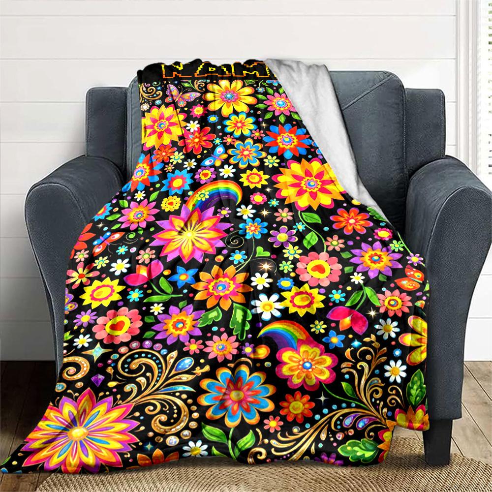 Colorful Floral Rainbow Pattern Home Customize Your Name Blankets Soft Cozy Lightweight All Season Multi Use Throw Blanket For Couch Office Bed Living