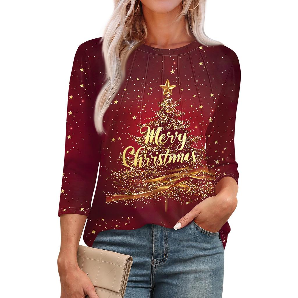 Женская модная футболка с круглым вырезом и рукавом 3/4 с рождественскими принтами, повседневная базовая плиссированная футболка-пуловер