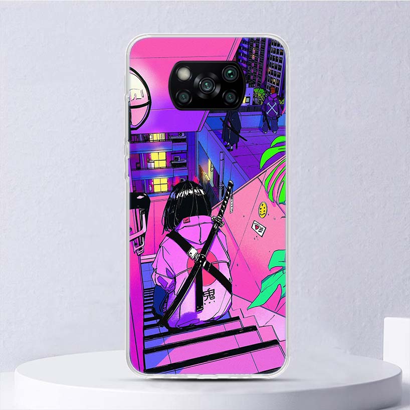Мягкий чехол Anime Vaporwave Glitch Purple для Xiaomi Poco X3 NFC X4 M4 Pro M3 M2 Phone Cover F3 F2 F1 Mi Note 10 Lite A3 A2 A1 Fun
