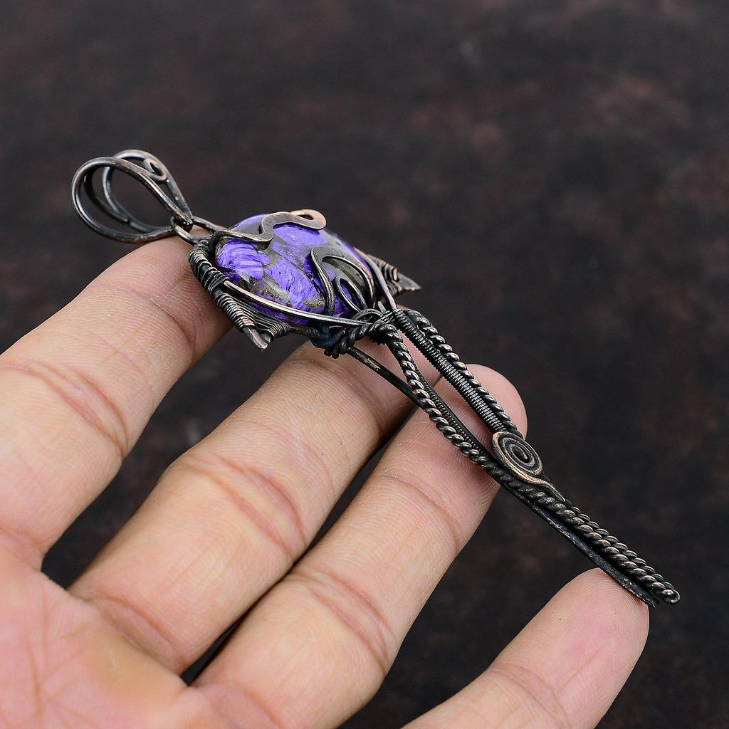 Медный кулон с чароитом, обернутый медной проволокой, кулон из натурального драгоценного камня, дизайнерский кулон ручной работы, чудесное медное ювелирное украшение в подарок для нее