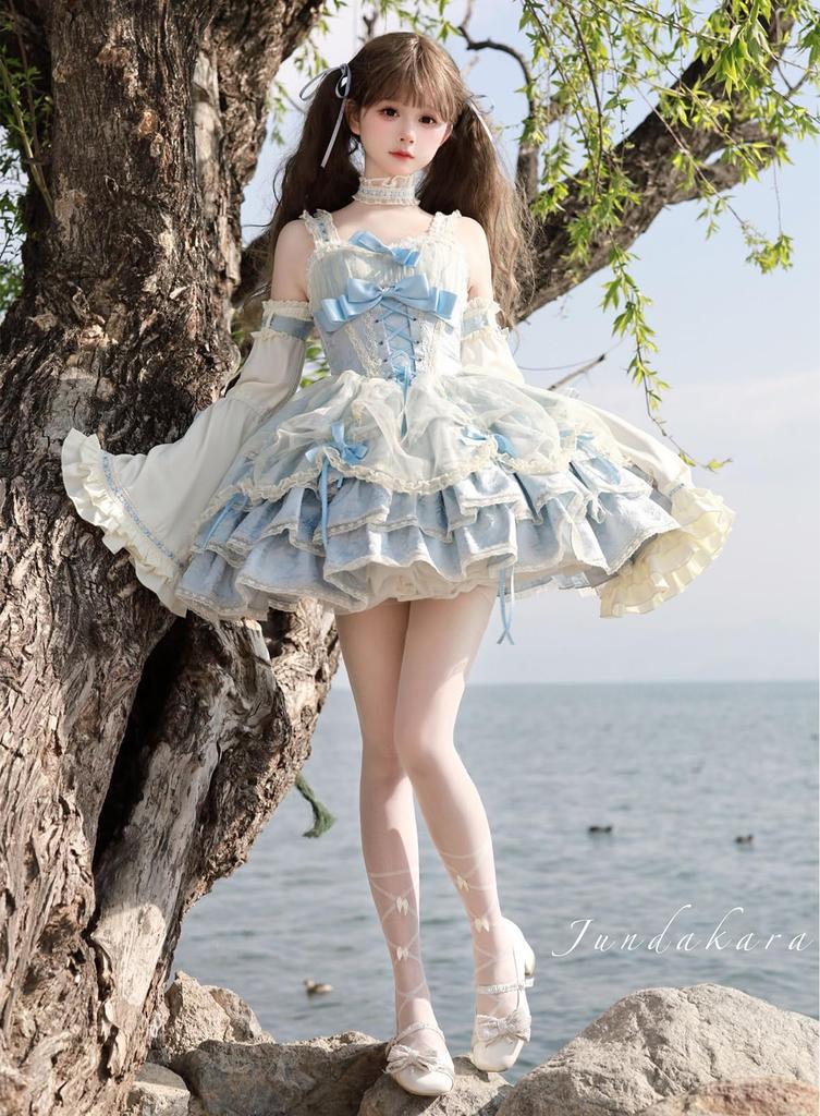 Jundakara Tiered JSK Jumper Skirt with Faux Princess and Features a Perfect for Lolita and Available in Light Blue and Women's Sleeves, Choker,