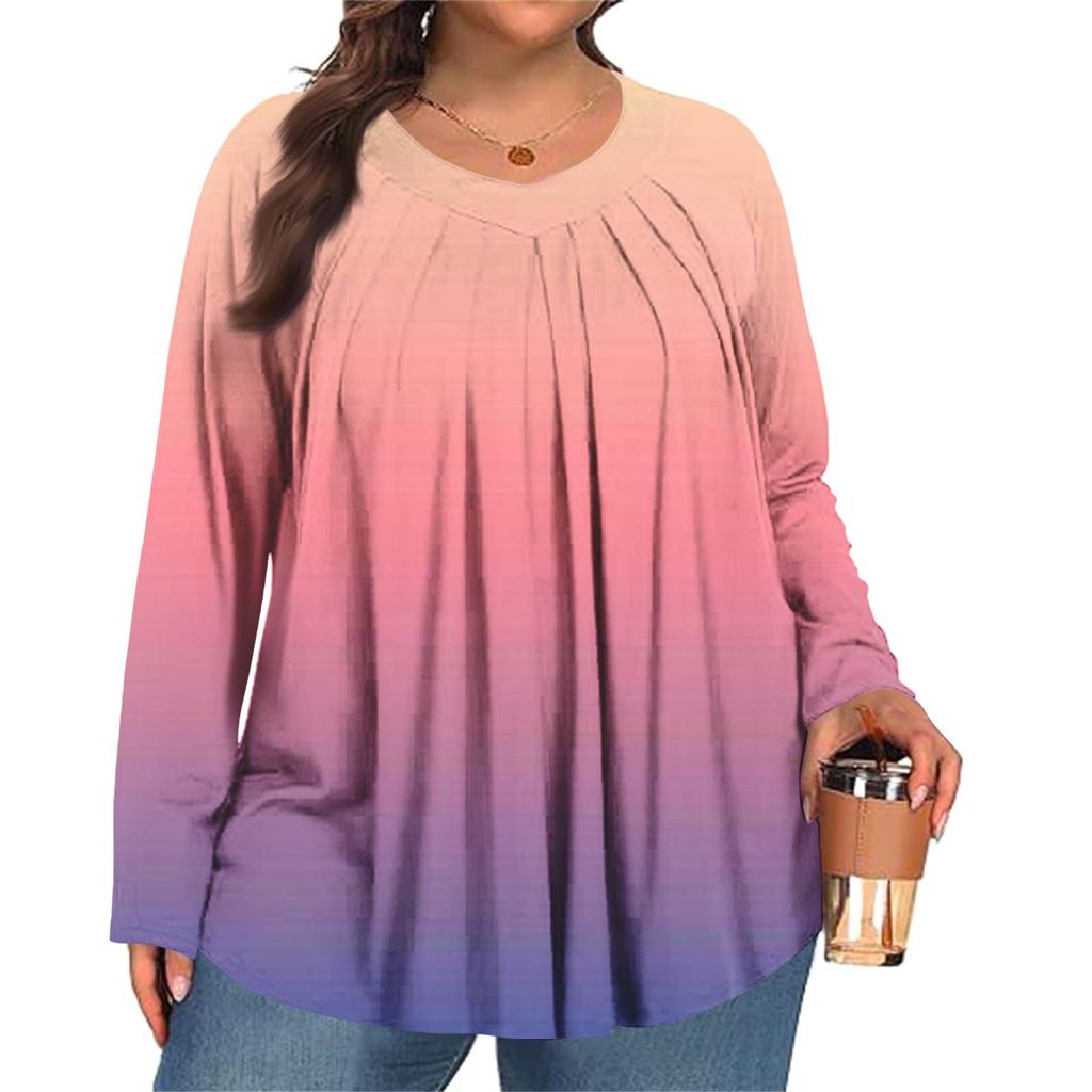 Women's Plus Size Fashion  Printed Casual Pleated Round Neck Long Sleeve Top