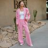 Свободный блейзер с подплечниками и брюками с высокой талией, женский розовый костюм из двух частей для поездок на работу, пиджак с лацканами, прямые брюки, модная профессиональная одежда