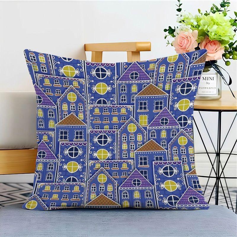 Purple Pattern Pillow Cover Plant Geometric Sofa Living Room Cushion Cover Bedside Square Pillowcase Removable and Washable