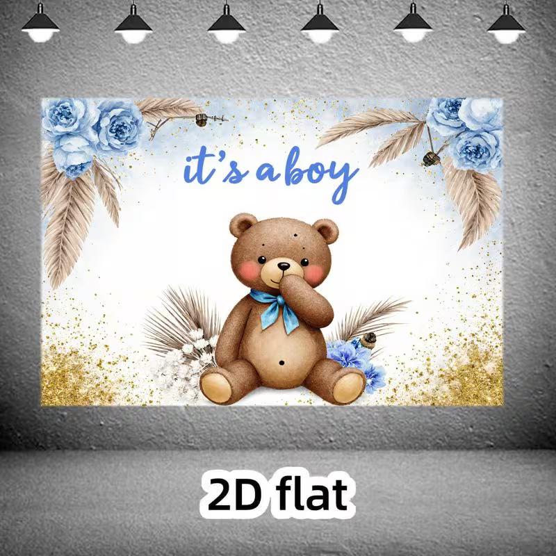 2D Blue Floral Boho Teddy Bear Background for Photoshoot
