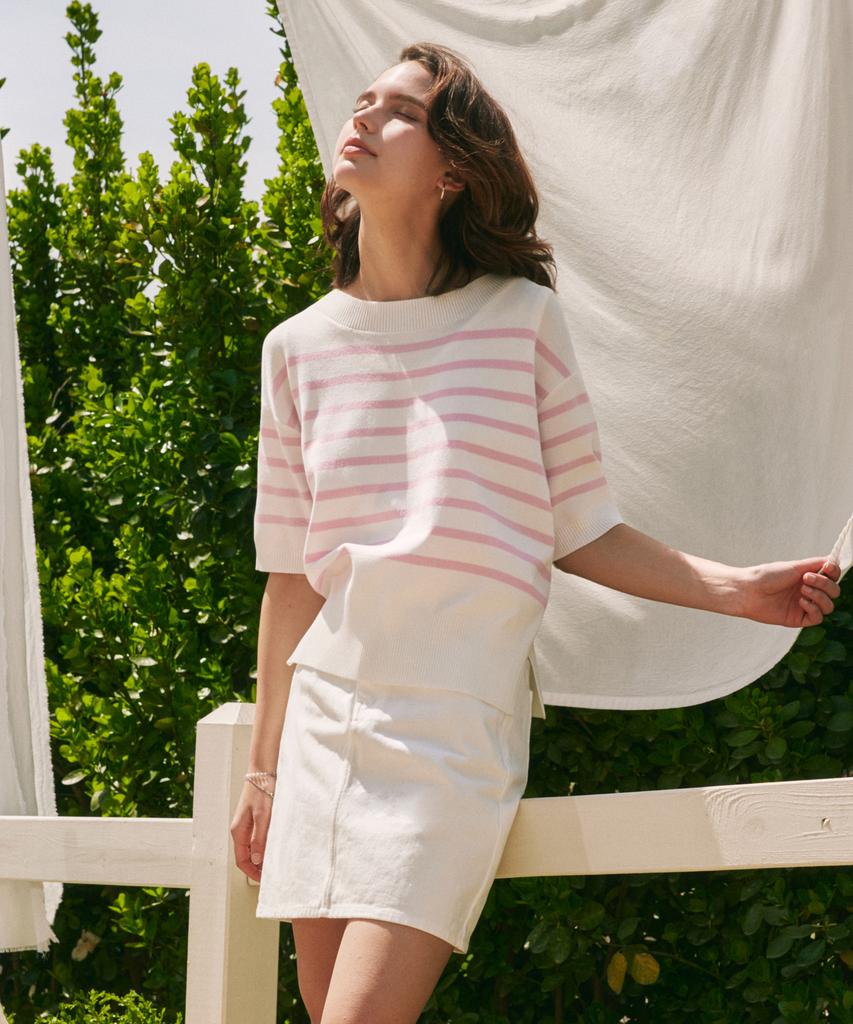 ZEROSTREET [3 Colors] Short Sleeve Striped Round Neck Knit