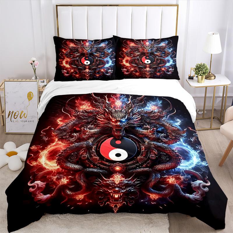 3pcs Fire and Ice Yin Yang Dragons Bedding Set - Includes Quilt Cover and Pillowcases, Suitable for All Seasons, Machine Washable - Ideal Gift fo