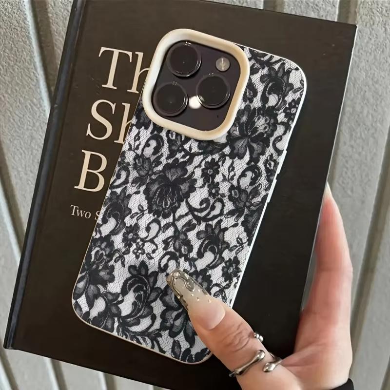 Серый фон и черный цветочный чехол для телефона для iPhone 17 Pro Max 16 Plus 15 Pro 14 13 12 11 XR 17Air Мягкий чехол с текстурой личи