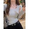 Lazy Wind Square Neck Knitted Sweater Women's Early Spring Tight Spice Girl Front Shoulder Long Sleeve Top Simple Bottoming Shirt