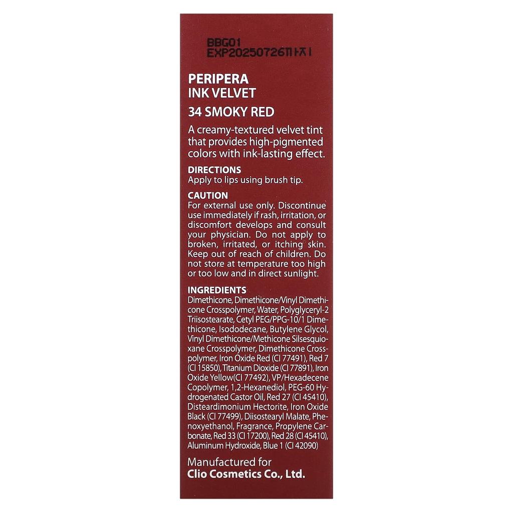 Peripera Тинт для губ Ink Velvet, 34 Красный Сохваген, 4 г (0,14 унции)