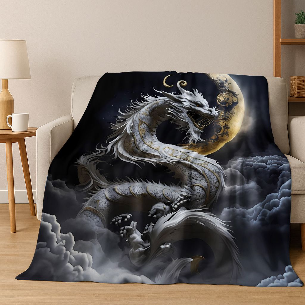 Magic Dragon Mythology Art Chinese Loong Cartoon Flannel Blanket,Cozy Soft Throw Blanket for Home Bedroom Bed Sofa Cover Kid