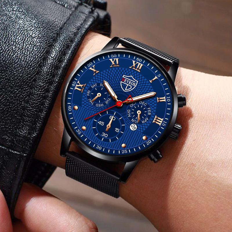 3 шт./набор, 1 шт. Мужские роскошные деловые кварцевые часы из нержавеющей стали с сетчатым браслетом и 1 шт. браслет и 1 шт. ожерелье с