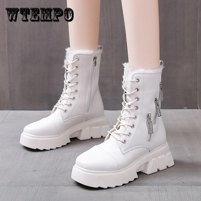 Women Winter Shoes Ankle Boots Leather Warm Plush Snow Boots Female Shoes Woman Chunky Platform Booties White Black