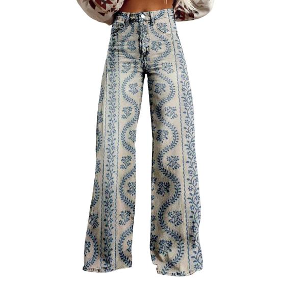 Women Casual Trousers Colorful 3D Floral Printing Flared Leg High Waist Plus Size Jeans Button Zipper Closure with Pockets Lojng Pants for Dating