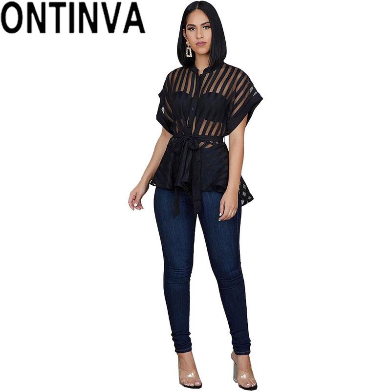 Женские рубашки, прозрачные прозрачные короткие рукава с пуговицами на поясе, сексуальные блузки, топы, женские весенне-летние модные блузки