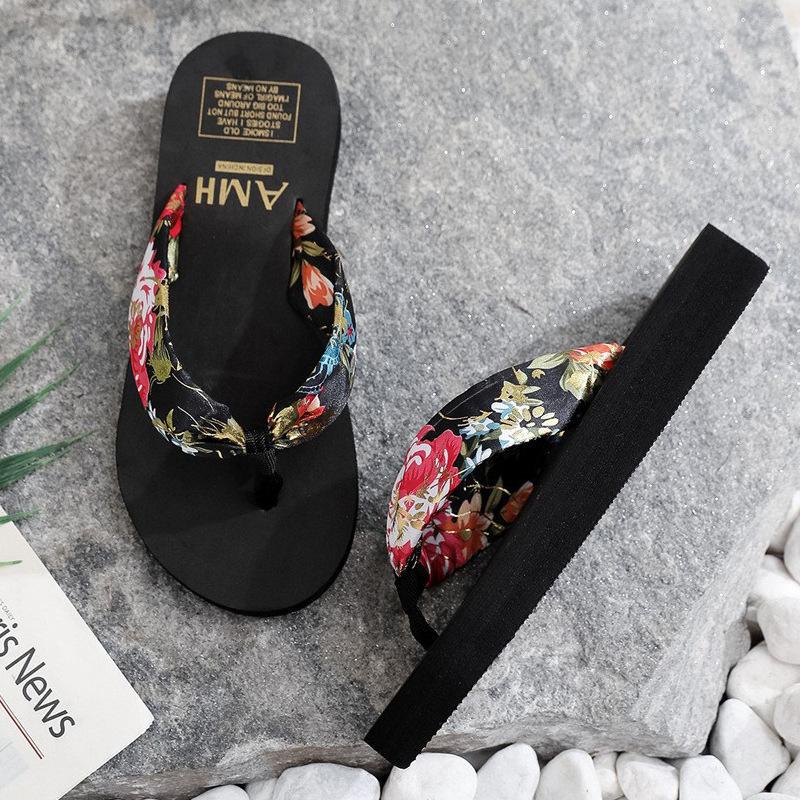 Summer Flip-flops Women's Bohemian Satin Strap Casual Lame Heel Beach Women's Slippers Ethnic Style Slippers