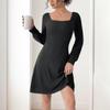 Women Autumn Winter Long Sleeve Square Collar Solid Color Knitted Sweater Dress