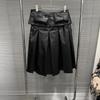 2025 A/W Black Pleated Leather Skirt with Detachable Velcro Pockets & Patchwork A-line Design