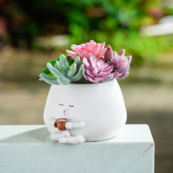 Face Planter Resin Cartoon Coffee Drinker Flower Pot Sitting Figure Succulent Planter with Drainage Hole for Indoor Outdoor Potted Plants