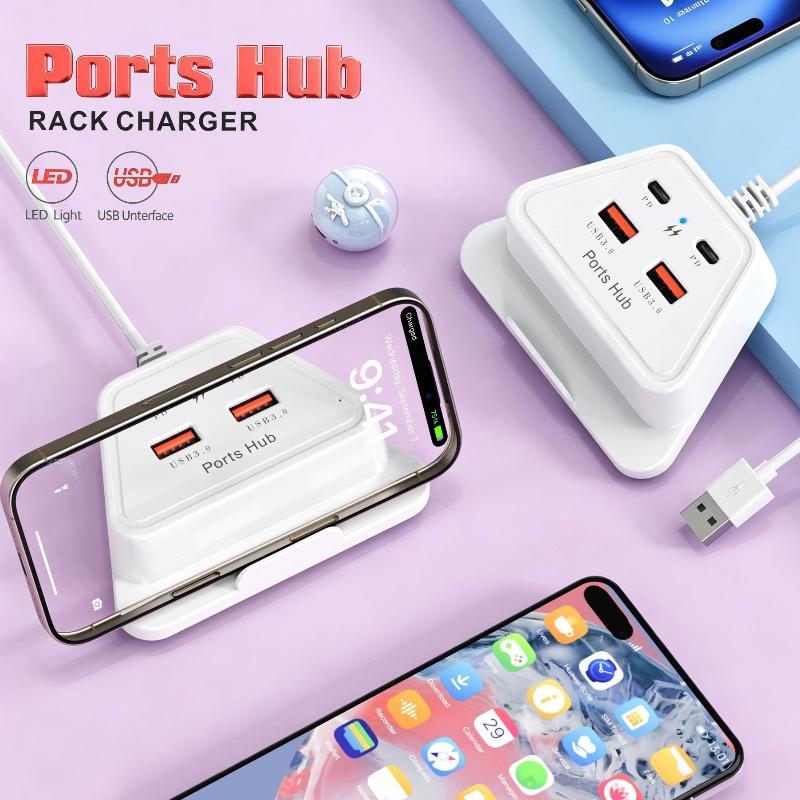 Настольная зарядная станция 4 порта 12 Вт Быстрая зарядка 2 USB 2 Type-C Портативная для путешествий Дома Розетка для зарядки телефона