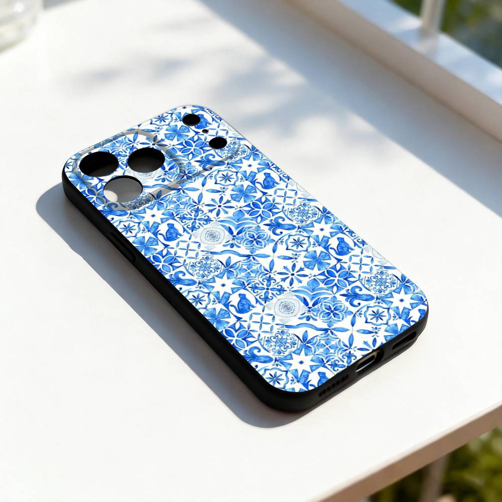 Сине-белый фарфоровый арт Для iPhone 17,16,15,14,13,12,11,Pro,Max,Plus,E,SE4,Air,Mini Черный мягкий чехол