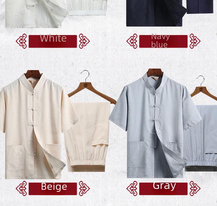 Летний льняной костюм Тан: Короткий рукав ханьфу для мужчин среднего и пожилого возраста - костюм из хлопка и льна в китайском стиле